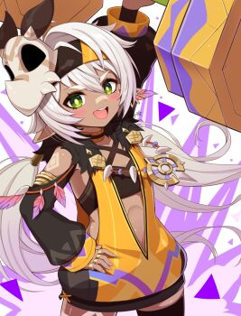 1girl clothing_cutout dark-skinned_female dark_skin dumbbell flat_chest genshin_impact green_eyes grey_hair hand_on_own_hip highres holding holding_dumbbell iansan_(genshin_impact) jewelry long_hair pointy_ears qixi_cui_xing ring shoulder_cutout single_thighhigh skull_on_head thighhighs