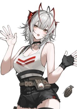 1girl antenna_hair arknights belt_pouch black_choker black_shorts breasts brown_eyes choker cleavage commentary cowboy_shot demon_girl demon_horns explosive fingerless_gloves gloves grenade grenade_pin grey_hair hands_up highres horns looking_at_viewer medium_breasts open_mouth paszuto pouch red_horns shirt short_shorts shorts simple_background single_glove solo teeth upper_teeth_only w_(arknights) white_background white_shirt