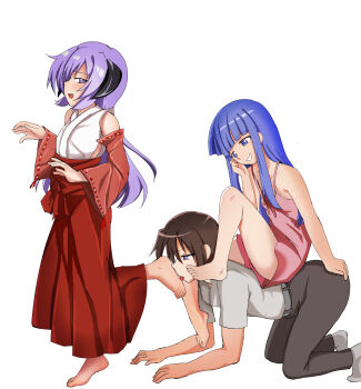 1boy 2girls barefoot blue_eyes blue_hair drawskeiichi feet foot_worship furude_rika grin hanyuu highres higurashi_no_naku_koro_ni horns licking_foot long_hair maebara_keiichi multiple_girls open_mouth purple_eyes purple_hair sitting sitting_on_person smile toes white_background