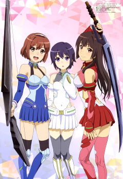 3girls :d :o absurdres bare_shoulders black_hair black_legwear blue_detached_sleeves blue_dress blue_footwear blue_skirt boots bow_(weapon) breasts brooch brown_hair cleavage collared_dress covered_navel detached_sleeves dress emerald_(stone) female_focus gem grey_legwear hairband highres holding holding_sword holding_weapon jewelry knee_boots large_breasts looking_at_viewer medium_breasts megami_magazine miyama_tsubame multiple_girls neck official_art open_mouth pink_legwear pleated_skirt red_detached_sleeves red_dress red_skirt round_teeth red_gemstone sajima_yumi sano_haruka blue_gemstone school_girl_strikers skirt sleeveless sleeveless_dress small_breasts smile standing sumihara_satoka sword teeth thighhighs weapon white_detached_sleeves white_dress white_footwear white_hairband white_skirt
