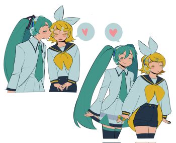 >_< 2girls :3 ^_^ aqua_hair aqua_necktie black_sailor_collar black_shorts blonde_hair boots bow closed_eyes collared_jacket colored_eyelashes fidgeting flower_ring hair_bow hair_ornament hairclip happy hatsune_miku headphones headset heart highres jacket kagamine_rin kiss kissing_cheek long_hair long_sleeves multiple_girls nanaranjal neckerchief necktie own_hands_together pleated_skirt sailor_collar sailor_shirt shirt short_hair shorts skirt smile spoken_heart swept_bangs thigh_boots thighhighs twintails very_long_hair vocaloid white_bow white_jacket white_skirt x3 yellow_neckerchief yuri zettai_ryouiki