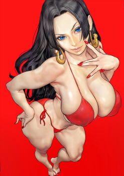 1girl absurdres b_0_rukia bikini black_hair blue_eyes boa_hancock breasts cleavage earrings highres jewelry large_breasts looking_at_viewer navel one_piece red_background red_bikini side-tie_bikini_bottom simple_background skindentation snake snake_earrings solo swimsuit underboob