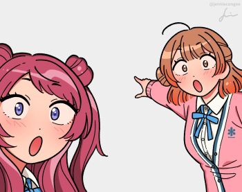 2girls :o ahoge blue_eyes blue_ribbon blush breasts brown_eyes brown_hair buttons cardigan dot_nose double_bun eyelashes gakuen_idolmaster grey_background hair_bun hanami_saki hanami_ume hashtag-only_commentary highres idolmaster jennie_congee long_hair long_sleeves looking_at_viewer medium_breasts medium_hair meme multiple_girls open_mouth pink_cardigan red_hair ribbon shirt siblings sidelocks signature single_side_bun sisters twitter_username two_soyjaks_pointing_(meme) upper_body white_shirt