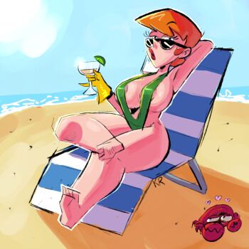 1girl barefoot beach bikini breasts dexter&#039;s_laboratory dexter&#039;s_mom female_focus full_body highres legs mature_female ocean outdoors sky solo string_bikini thick_thighs thighs