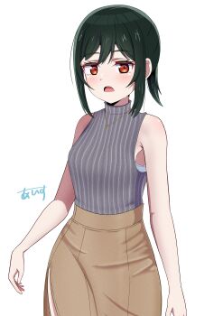 1girl absurdres alternate_hairstyle blush breasts brown_skirt commentary_request fang green_hair hair_between_eyes highres ice_compass0610 jewelry long_skirt looking_at_viewer love_live! love_live!_nijigasaki_high_school_idol_club medium_breasts medium_hair mifune_shioriko necklace open_mouth ponytail red_eyes sidelocks signature skirt sleeveless sleeveless_sweater solo standing sweater turtleneck turtleneck_sweater white_background