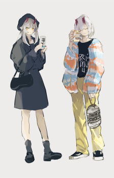 1girl 2girls bag black_dress black_shirt cup dress full_body genderswap hair_between_eyes handbag hat highres holding holding_cup horns ibaraki_rino jacket long_hair long_sleeves mississipping multiple_girls multiple_views onmyoji open_clothes pants shirt shoes simple_background smile sneakers standing t-shirt white_hair yellow_eyes yellow_pants