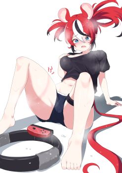 1girl absurdres adjusting_shirt animal_ear_fluff animal_ears arm_support black_hair black_shirt black_shorts black_streaks blue_eyes blush breasts cafelittle commentary controller double-parted_bangs exercising feet game_controller hair_between_eyes hakos_baelz hand_on_own_chest highres hololive hololive_english imprinted_skin joy-con leaning_back medium_breasts midriff mouse_ears mouse_tail multicolored_hair navel open_mouth pain red_hair ring-con ring_fit_adventure shadow shirt shorts sitting standing steam sweat tail thick_thighs thighs twintails uneven_twintails virtual_youtuber white_background white_hair