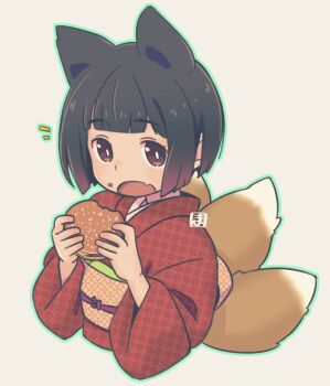 1girl :o animal_ears brown_eyes brown_hair burger commentary_request cropped_torso fang floral_print food food_on_face fox_ears fox_girl fox_tail gradient_hair green_outline grey_background holding holding_food japanese_clothes kimono kitsune kukuri_(mawaru) long_sleeves looking_at_viewer mawaru_(mawaru) multicolored_hair notice_lines obi open_mouth original outline print_kimono red_kimono sash simple_background solo tail unmoving_pattern upper_body wide_sleeves