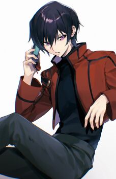 1boy belt black_hair black_shirt brown_jacket cellphone code_geass elec_shou flip_phone grey_background grey_belt grey_pants highres holding holding_phone jacket lelouch_vi_britannia long_sleeves looking_at_viewer male_focus official_alternate_costume pants parted_lips phone purple_eyes shirt short_hair simple_background solo sweater teeth turtleneck turtleneck_sweater