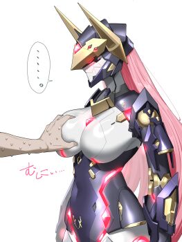 ... 1boy 1girl absurdres breasts commentary_request covered_navel cowboy_shot glowing glowing_eye grabbing_another&#039;s_breast groping helmet hetero highres humanoid_robot joints kopezo large_breasts long_hair mecha_musume nervous_sweating pink_hair red_eyes robot robot_joints solo_focus spoken_ellipsis starward sweat valkia_(starward) very_long_hair
