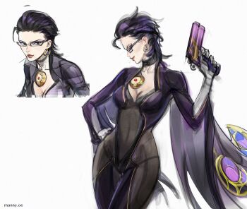 Rule 34 | 1girl, alternate hairstyle, bayonetta, bayonetta (series), black choker, black hair, bodysuit, breasts, choker, cleavage, closed eyes, closed mouth, commentary, earrings, emmanuel edeko, english commentary, eyelashes, glasses, green eyes, gun, hand on own hip, holding, holding gun, holding weapon, jewelry, lips, mole, mole under mouth, multiple views, simple background, smile, toothpick, twitter username, weapon, white background