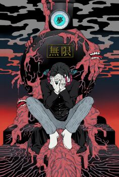 1boy asymmetrical_bangs black_hair black_jacket black_nails buttons colored_tips commentary_request covering_one_eye demon_boy enmu_(kimetsu_no_yaiba) facial_mark flesh full_body furrowed_brow gradient_background grey_pants hands_on_own_face hands_up highres jacket kimetsu_no_yaiba knees_apart_feet_together long_sleeves looking_at_viewer male_focus medium_hair misplaced_mouth monster multicolored_hair one_eye_covered open_mouth outdoors pants pinstripe_pants pinstripe_pattern sanpaku shoes sitting smoke solo solo_focus straight-on suit_jacket symbol-shaped_pupils tears_facial_mark teeth tomoyuki_kaga tongue tongue_out train translated trap undershirt veins veiny_eyes veiny_face veiny_hands white_shoes