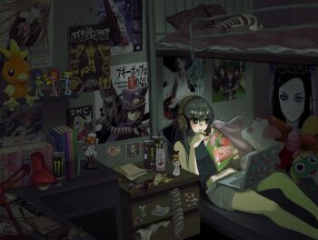 1girl absurdly_detailed_composition akazutsumi_momoko akemi_homura akemi_homura_(magical_girl) akiyama_mio bag_of_chips bed black_eyes black_hair black_shirt boogiepop boogiepop_(character) bunk_bed can commentary computer copyright_request desk detroit_metal_city drink eating energy_drink evanescence feet_out_of_frame figure gen_1_pokemon gen_3_pokemon goutokuji_miyako headphones higurashi_no_naku_koro_ni hirasawa_yui hyper_blossom indoors k-on! kaname_madoka kaname_madoka_(magical_girl) keroro keroro_gunsou kotobuki_tsumugi lamp laptop legendary_pokemon litchi_hikari_club little_busters! loaded_interior long_hair m40u mahou_shoujo_madoka_magica matsubara_kaoru mewtwo monster_energy my_melody nakano_azusa nichijou nintendo on_bed onegai_my_melody original otaku_room pokemon poster_(object) powered_buttercup powerpuff_girls_z professor_shinonome reclining ribon_(shueisha) rolling_bubbles ryuuguu_rena sakamoto_(nichijou) sanrio saya_no_uta shirt short_shorts shorts socks solo tainaka_ritsu tokido_saya torchic unworn_socks zou_(onegai_my_melody)