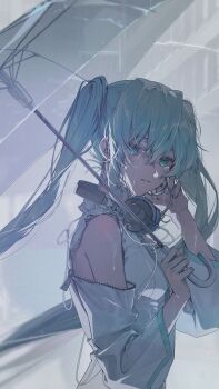 1girl absurdres alternate_costume aqua_eyes aqua_hair aqua_nails aqua_necktie aqua_trim arm_up astronauts_(vocaloid) bare_shoulders breasts cable clothing_cutout collared_shirt commentary film_grain from_side hair_between_eyes hand_on_own_cheek hand_on_own_face hand_up hatsune_miku headphones headphones_around_neck heavy_film_grain highres holding holding_umbrella long_hair long_sleeves looking_at_viewer moro_(from_m0r0) necktie parted_lips rain sad shirt shoulder_cutout sidelocks small_breasts solo tearing_up tears tears_from_one_eye transparent transparent_umbrella twintails umbrella upper_body very_long_hair wet wet_hair white_shirt wide_sleeves zipper zipper_pull_tab