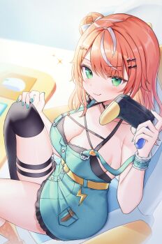 Rule 34 | 1girl, :3, aqua nails, armpit crease, bare shoulders, black choker, black shirt, black thighhighs, breasts, choker, cleavage, closed mouth, commentary request, controller, dress, game controller, green dress, green eyes, hair bun, hand on own knee, highres, holding, holding controller, holding game controller, igarashi rika, knee up, long hair, looking at viewer, medium breasts, mole, mole on breast, multicolored hair, nail polish, neit ni sei, nijisanji, o-ring, o-ring choker, orange hair, shirt, short dress, single side bun, single thighhigh, sleeveless, sleeveless shirt, smile, solo, spaghetti strap, strap slip, streaked hair, thigh strap, thighhighs, thighs, v-shaped eyebrows, virtual youtuber, wristband