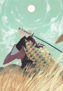 Rule 34 | 1boy, arms up, belt, black hair, black jacket, black pants, blue eyes, buttons, demon slayer uniform, gold buttons, grass, haori, highres, holding, holding sword, holding weapon, ichigosaaaan, jacket, japanese clothes, katana, kikkoumon, kimetsu no yaiba, low ponytail, male focus, outdoors, pants, ponytail, print haori, red haori, solo, spiked hair, sword, tall grass, tomioka giyuu, weapon, white belt