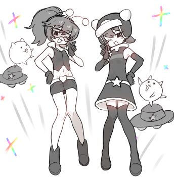 2girls absurdres belt black_eyes boots breasts cat_(nyanko_daisensou) dress dual_persona ebora elbow_gloves full_body gloves goggles grey_hair greyscale helmet highres long_hair medium_hair midriff miniskirt momoco_(nyanko_daisensou) monochrome multiple_girls navel nyanko_daisensou one_eye_closed open_mouth ponytail skirt small_breasts smile sparkle spot_color ufo vest