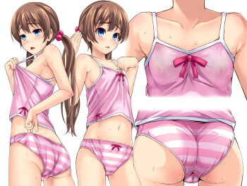 1girl ass bare_shoulders blue_eyes blush breasts brown_hair cameltoe camisole reference_sheet close-up collarbone darashinai_imouto_ni_itazura_shitemita female_focus from_behind from_below hair_bobbles hair_ornament head_out_of_frame highres hot john_doe_shinobu loli long_hair looking_back low_twintails midriff navel nipples no_bra open_mouth panties pink_panties ribbon see-through_clothes simple_background small_breasts solo standing striped_clothes striped_panties sweat twintails underwear wet wet_clothes wet_panties white_background