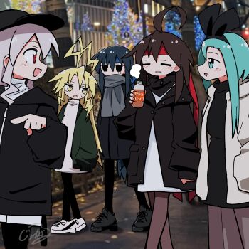 Rule 34 | 5girls, absurdres, ahoge, aqua eyes, aqua hair, baseball cap, black eyes, black hairband, black hat, black jacket, black pantyhose, blonde hair, blue hair, bottle, brown hair, closed eyes, coat, generalcanon, green jacket, grey coat, grey scarf, hairband, hat, headband, highres, holding, holding bottle, hood, hood down, hooded jacket, jacket, lightning ahoge, long sleeves, looking at another, looking back, multiple girls, open clothes, open jacket, open mouth, original, pantyhose, photo background, pink hair, pointing, red eyes, red headband, scarf, shirt, shoes, signature, smile, sneakers, standing, white jacket, white shirt, white shoes, yellow eyes