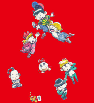 1girl 5boys absurdres adjusting_eyewear akahanadragon backpack bag baseball_cap black_hair blonde_hair bow bowtie braid braided_ponytail brown_hair closed_eyes doseisan dress exit_mouse_(mother) facing_viewer freckles full_body glasses hair_bow hat highres jeff_andonuts looking_at_another meditation mother_(series) mother_2 mouse_(animal) multiple_boys ness_(mother_2) nintendo outstretched_arm overalls paula_(mother_2) poo_(mother_2) porky_minch red_background school_uniform shirt shoes shorts sneakers socks striped_clothes striped_shirt stuffed_animal stuffed_toy teddy_bear tony_(mother_2) topknot