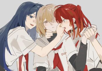 3girls blue_eyes blue_hair brown_eyes brown_hair grey_background hair_between_eyes hand_around_neck hand_on_another&#039;s_face highres holding_hands lingyi long_hair multiple_girls neckerchief open_mouth oumi_shiori red_neckerchief sailor_collar school_uniform serafuku shirt short_hair short_sleeves simple_background smile watashi_wo_tabetai_hitodenashi white_sailor_collar white_shirt yaotose_hinako yashiro_miko yellow_eyes yuri