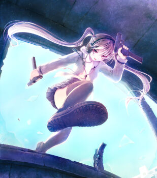 &gt;:d 1girl :d aruciii black_skirt blue_sky blush broken_glass brown_shoes building collarbone collared_shirt day dual_wielding dust female_focus flat_chest from_below glass glock grey_hair grey_shirt gun hairband handgun headphones highres holding holding_gun holding_weapon jewelry long_hair long_sleeves looking_at_viewer looking_down machine_pistol necklace no_bra open_clothes open_mouth open_shirt open_window original parted_lips pendant pistol pleated_skirt sailor_collar school_uniform serafuku shell_casing shirt shoe_soles shoes skirt sky smile solo thighhighs thighs trigger_discipline twintails v-shaped_eyebrows very_long_hair weapon window zettai_ryouiki