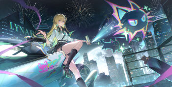 1girl absurdres aerial_fireworks black_skirt black_socks blonde_hair breasts character_name chinese_commentary commentary_request earrings fireworks fuyou_flo hand_up headphones headphones_around_neck highres holding holding_spray_can jewelry long_hair lynae_(wuthering_waves) medium_breasts moon motor_vehicle motorcycle multicolored_hair night purple_eyes shirt shirt_tucked_in skirt socks solo spray_can star_(symbol) star_earrings streaked_hair white_shirt wide_shot wuthering_waves