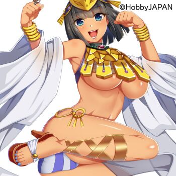 Rule 34 | 1girl, ancient egyptian, ancient egyptian clothes, ancient princess menace, armpits, ass, bangle, bare shoulders, black hair, blue eyes, blue nails, blue panties, blunt bangs, blunt ends, blush, bracelet, breasts, clenched hands, copyright notice, crown, detached sleeves, feet, gold, groin, headpiece, high heels, hobbyjapan, jewelry, large breasts, linea alba, loincloth, looking at viewer, menace (queen's blade), menace (queen's blade unlimited), midair, navel, o-ring, o-ring bottom, official ad, official art, open mouth, panties, queen's blade, queen's blade unlimited, queen's blade white triangle, revealing clothes, ring, sandals, shiny skin, short hair, smile, solo, sparkle, stomach, striped clothes, striped panties, teeth, thighs, toes, tongue, underboob, underwear, white background, white panties