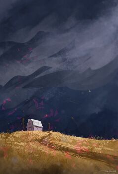 cloud dark_cloud field grass house landscape no_humans original outdoors painterly path road scenery tall_grass zandra