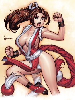 1girl absurdres artist_name breasts brown_eyes brown_hair cleavage fatal_fury female_focus highres japanese_clothes large_breasts leg_up long_hair matching_hair/eyes ninja open_mouth panties pelvic_curtain ponytail revealing_clothes rope ryan_kinnaird shadow shiranui_mai sideboob signature socks solo the_king_of_fighters thighs underwear white_panties