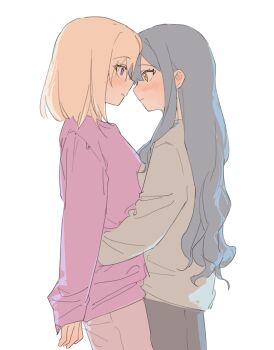 2girls absurdres bang_dream! bang_dream!_it&#039;s_mygo!!!!! blonde_hair blue_hair chinese_commentary commentary_request eye_contact grey_shirt highres hug long_hair long_sleeves looking_at_another lu_bian_de_yecao_zai_changge misumi_uika multiple_girls one_eye_closed pajamas shirt short_hair sidelocks simple_background togawa_sakiko white_background yuri