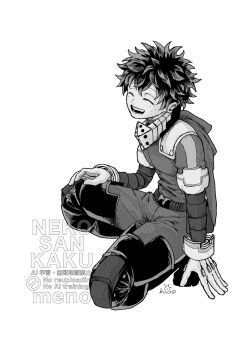 000me_no0002 1boy bodysuit boku_no_hero_academia closed_eyes commentary_request full_body gloves greyscale highres hood hood_down male_focus midoriya_izuku monochrome short_hair simple_background smile solo squatting superhero_costume watermark white_background