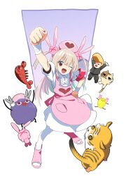 Rule 34 | 1boy, 1girl, absurdres, apron, arm up, armband, bandaged wrist, bandages, blonde hair, cat, collared dress, creature, delinquent, dress, foreshortening, full body, hair ornament, hand on own hip, hat, highres, kintamawaru, lobster, long hair, natori sana, nurse cap, one eye closed, open mouth, pantyhose, pink apron, pink hat, pompadour, puffy short sleeves, puffy sleeves, purple background, rabbit, rabbit hair ornament, raised fist, red armband, red eyes, safety pin, sana channel, short dress, short sleeves, slippers, smile, standing, surrounded, tiger, two-tone background, two side up, virtual youtuber, white background, white dress, white pantyhose