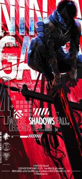 1boy absurdres arm_tattoo armor bare_shoulders belt black_armor black_hair black_pants black_scarf blood cable fangs hand_tattoo highres kneeling looking_at_viewer male_focus mask mouth_mask multicolored_hair ninja ninja_gaiden ninja_gaiden_4 nishii_tomoko pants rain red_eyes scarf short_hair shoulder_armor shoulder_plates solo tattoo text_background white_hair yakumo_(ninja_gaiden)