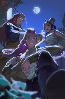 3girls black_hair braid braided_ponytail commentary crossed_arms derpy_(kpop_demon_hunters) earrings from_below gat_(hat) hat highres holding holding_sword holding_weapon jewelry kpop_demon_hunters long_hair looking_at_viewer mira_(kpop_demon_hunters) multiple_girls night purple_hair red_hair rumi_(kpop_demon_hunters) short_bangs shrimpkk sidelocks smile sword tiger turtleneck weapon zoey_(kpop_demon_hunters)