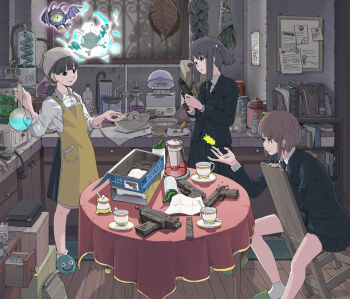 3girls apron black_hair black_skirt bookshelf bottle brown_hair chair cup flask glock gun handgun headscarf holding holding_gun holding_potion holding_weapon indoors laboratory lapels long_sleeves low_ponytail magic mortar_(bowl) multiple_girls notched_lapels original ponytail potion round-bottom_flask shirt sitting sitting_backwards skirt slippers standing submachine_gun sukabu table tablecloth teacup twintails uzi weapon white_shirt wooden_floor
