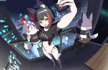 1girl :d absurdres aerial_fireworks animal_ear_fluff animal_ears barefoot black_hair black_shirt breasts cellphone cityscape clothes_writing commentary english_commentary fireworks full_body highleg highleg_panties highres holding holding_phone hololive large_breasts mazellan midriff miofa_(ookami_mio) multicolored_hair navel night ookami_mio open_mouth panties panty_peek phone print_shirt red_hair selfie shirt short_hair short_shorts shorts side-tie_panties smartphone smile solo standing streaked_hair t-shirt tail tied_shirt two-tone_hair underwear virtual_youtuber white_shorts wolf_ears wolf_girl wolf_tail yellow_eyes