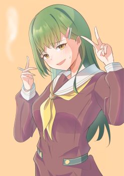 1girl blush breasts brown_dress caricariume cigarette commentary_request dress hair_ornament hairclip hasu_no_sora_school_uniform highres holding holding_cigarette link!_like!_love_live! long_sleeves looking_at_viewer love_live! medium_breasts neckerchief ogami_sachi orange_background parallel_hairclips sailor_collar sailor_dress school_uniform simple_background smoking solo sweatdrop v white_sailor_collar winter_uniform yellow_eyes yellow_neckerchief