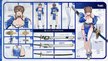 1girl arm_up armpits ass bare_shoulders black_choker blue_dress blue_jacket braid braided_bun breasts brown_hair bun_cover chaos_zero_nightmare choker cleavage concept_art covered_navel cropped_jacket double_bun dress gradient_clothes gradient_dress hair_bun hair_ornament hand_on_own_cheek hand_on_own_face highres huge_weapon jacket large_breasts looking_at_viewer mole mole_on_ass mole_on_breast mole_under_mouth multiple_views naughty_face off_shoulder official_art open_clothes open_jacket open_mouth panties panty_straps pelvic_curtain piercing short_hair_with_long_locks single_thighhigh skindentation smile solo strapless strapless_dress sword thigh_strap thighhighs thighs tongue tongue_out tongue_piercing underwear weapon white_panties yellow_eyes yuki_(chaos_zero_nightmare)