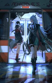 2girls animal_ears arknights black_boots black_gloves black_hair black_jacket black_shorts blood blood_splatter boots broken_glass chinese_commentary closed_mouth collared_shirt commentary_request dual_wielding full_body glass gloves grey_hair hair_between_eyes highres holding holding_sword holding_weapon jacket lappland_(arknights) lappland_the_decadenza_(arknights) listencareful long_hair long_sleeves looking_at_another material_growth multiple_girls official_alternate_costume open_door oripathy_lesion_(arknights) paper ponytail profile red_gloves red_shirt red_socks shirt shorts socks spotlight standing sword tail texas_(arknights) texas_(willpower)_(arknights) train train_interior walking weapon wolf_ears wolf_girl wolf_tail