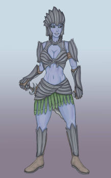 1girl armor armored_boots black_armor black_background black_hair black_sclera blue_background blue_eyes blue_skin boots cheloveknomer99 clawed_gauntlets cleavage_cutout clothing_cutout colored_pencil_(medium) colored_sclera colored_skin commentary crop_top dark_seducer_(mazken) english_commentary full_body gradient_background green_skirt grey_skin hand_on_hilt helmet highres knee_boots midriff revealing_clothes shoulder_armor skirt solo sword the_elder_scrolls the_elder_scrolls_iv:_oblivion thighs traditional_media weapon