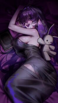 1girl absurdres arm_up bare_shoulders bed_sheet black-framed_eyewear black_dress black_hair book breasts breath colored_inner_hair commentary cowboy_shot dress empty_eyes glasses goddess_of_victory:_nikke hair_intakes highres jiajia_0425 label_(nikke) large_breasts long_dress long_hair looking_at_viewer looking_to_the_side lying mole mole_on_breast multicolored_hair on_bed on_side open_mouth purple_hair sideboob sleeveless sleeveless_dress smile solo stuffed_animal stuffed_rabbit stuffed_toy sweat torn_clothes torn_dress turning_head two-tone_hair variant_set
