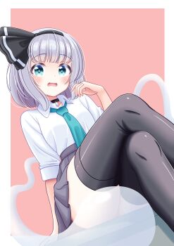 1girl absurdres aqua_eyes aqua_necktie arm_support black_choker black_hairband black_skirt black_thighhighs border bow_hairband choker commentary convenient_censoring crossed_legs embarrassed hairband highres hitodama konpaku_youmu konpaku_youmu_(ghost) looking_at_viewer necktie nice_knee_socks_day open_mouth outside_border pink_background pleated_skirt reimei_(r758120518) shirt short_hair sitting skirt solo thighhighs touhou wavy_mouth white_border white_hair white_shirt zettai_ryouiki