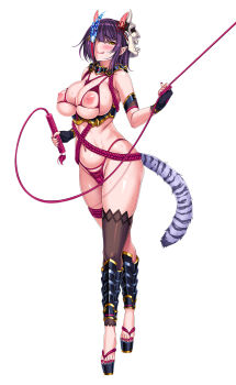 1girl :p armlet bikini blush bra breastless_bikini breasts character_request cleavage clothes_lift cupless_bra curvy female_focus fingerless_gloves full_body gloves hair_ornament hair_over_one_eye highleg highleg_bikini highres horns jewelry kururi_fuyutsuki large_breasts lifting_own_clothes lilith-soft mask mask_on_head nail_polish nippleless_clothes nipples oni_horns panties parted_lips pink_bikini pink_bra pink_nails pink_panties pink_toenails platform_clogs platform_footwear pointy_ears puffy_areolae purple_hair pussy_juice pussy_juice_trail revealing_clothes saijou_satoru shiny_skin showgirl_skirt sideboob simple_background single_thighhigh skindentation skirt skirt_lift smile solo standing swimsuit tagme tail taimanin_(series) taimanin_rpgx thigh_strap thighhighs thong tongue tongue_out underboob underwear white_background yellow_eyes