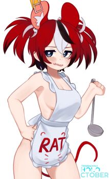 1girl animal_ears apron bare_shoulders black_hair blue_eyes blush breasts hair_ornament hakos_baelz hand_on_own_hip highres holding hololive hololive_english long_hair looking_at_viewer medium_breasts mouse_ears mouse_girl mouse_tail multicolored_hair naked_apron open_mouth red_hair sharp_teeth sideboob smile solo streaked_hair tail teeth twintails virtual_youtuber white_hair yoako