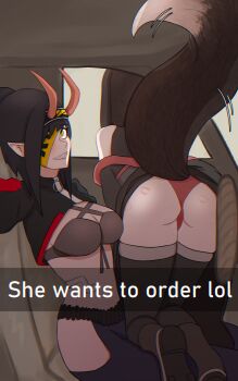 Rule 34 | 2girls, absurdres, ass, bite mark, black hair, blindfold, bra, car, commentary, crawling, english commentary, fox tail, from behind, he wants to order (meme), headband, highres, horns, implied yuri, japanese clothes, kimono, lipstick mark, looking at viewer, meme, miczal, motor vehicle, multiple girls, original, panties, pointy ears, red horns, red panties, selfie, sharp teeth, tail, teeth, thighhighs, underwear, yellow eyes, yuri