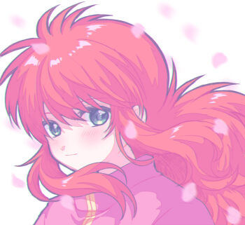 Rule 34 | 1boy, bishounen, commentary request, falling petals, gakuran, green eyes, jacket, kurama (yu yu hakusho), light blush, light smile, long hair, looking at viewer, male focus, morishi (bearxforest), pastel colors, petals, pink jacket, pink petals, ponytail, red hair, school uniform, sidelocks, solo, upper body, white background, wind, yuu yuu hakusho