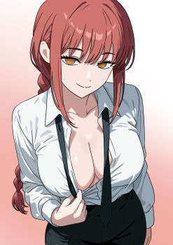 1girl absurdres black_necktie black_pants braid braided_ponytail breasts chainsaw_man cleavage closed_mouth clothes_pull collarbone collared_shirt commentary cowboy_shot gradient_background gubee highres large_breasts leaning_forward long_hair long_sleeves looking_at_viewer makima_(chainsaw_man) necktie orange_eyes pants pink_background pulling_own_clothes red_hair ringed_eyes shirt shirt_pull shirt_tucked_in sidelocks smile solo undone_necktie white_shirt