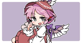 Rule 34 | 1girl, :d, animal ears, bird ears, bird girl, bird wings, blush, border, brown dress, brown hat, collared shirt, commentary, dot nose, dress, earrings, grey eyes, hand up, hat, ini (inunabe00), jewelry, long sleeves, looking at viewer, mystia lorelei, open mouth, outline, outside border, pink hair, purple background, shirt, short hair, simple background, single earring, sleeve garter, smile, solo, touhou, upper body, white border, white outline, white shirt, winged hat, wings