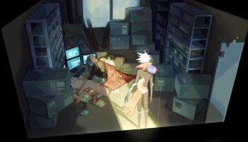 1boy 1girl blanket bodysuit bow brown_hair fate/extra fate/extra_ccc fate_(series) glasses hair_bow highres jinako_carigiri karna_(fate) mchi monitor room snack warehouse white_hair